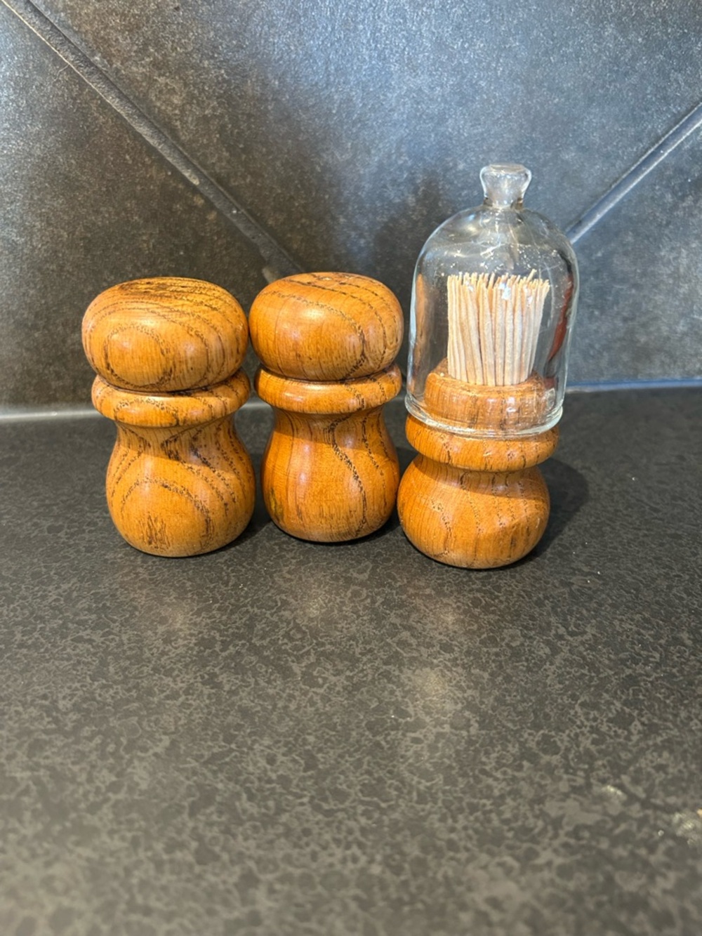 Vintage Wooden Salt & Pepper Shakers with Toothpick Holder - Natural Wood